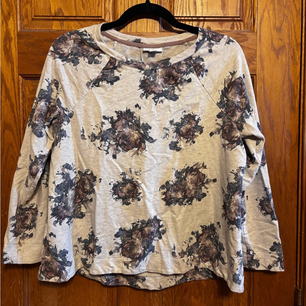 J. Jill Cream Floral-Print Long Sleeve Top with Brown Accents